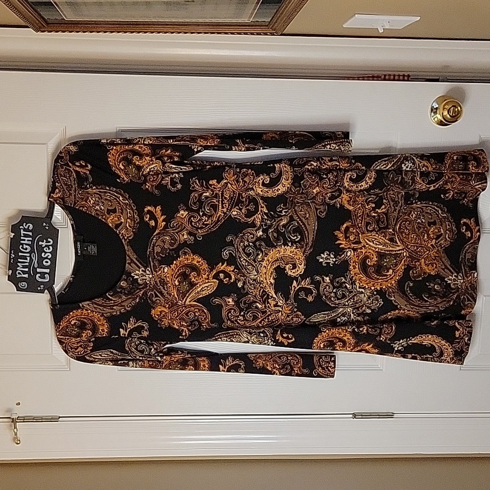 Karen Kane Dress Small Black Brown Tan Gold Paisley Floral